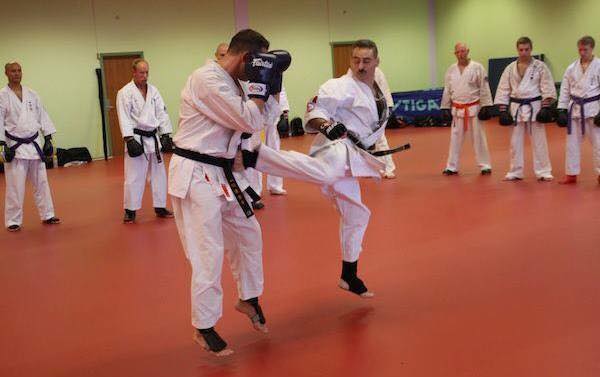 Black belts demonstrating a kick while fellow students watch