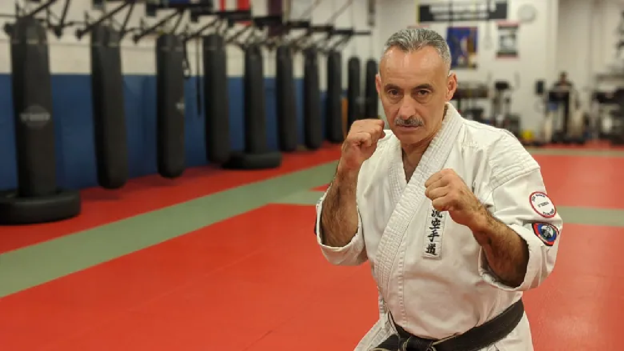 Albert Mady in a fighting stance at the Windsor dojo